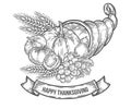 Thanksgiving autumn cornucopia festival badge. Monochrome vintage engraving Royalty Free Stock Photo