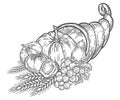 Thanksgiving autumn cornucopia festival emblem. Monochrome vintage engraving Royalty Free Stock Photo