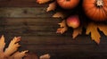 A Thanksgiving autumn harvest background of pumpkins, pears and leaves on a rustic wooden table Royalty Free Stock Photo