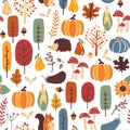 Thanksgiving Autumn seamless vector pattern. Repeating fall background hedgehog, squirrel corn tree pumpkin pear