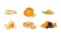 Thanksgiving Autumnal Holiday Composition with Agricultural Crops and Cooked Dishes Vector Set