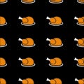 Thanksgiving autumnal seamless pattern with roasted turkeys on a plate, black background