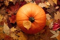 Thanksgiving background with big bright orange pumpkin on fallen leaves Royalty Free Stock Photo