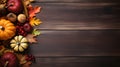 Thanksgiving background with copy space for text, top view on wood background, AI generated, generative AI