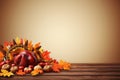 thanksgiving background with cornucopia pumpkins and autumn leaves Royalty Free Stock Photo