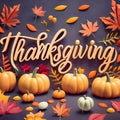 Thanksgiving background with 3D realistic pumpkins and autumn fall maple leaves. Royalty Free Stock Photo