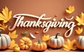 Thanksgiving background with 3D realistic pumpkins and autumn fall maple leaves. Royalty Free Stock Photo