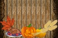 Thanksgiving Background with pumpkin, turkey, and wheat. Festive, season.