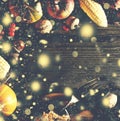 Thanksgiving background with falling gold snow. Pumpkins and various autumn fruits. Frame with seasonal ingredients in Thanksgivin Royalty Free Stock Photo