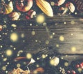 Thanksgiving background with falling gold snow. Pumpkins and various autumn fruits. Frame with seasonal ingredients in Thanksgivin Royalty Free Stock Photo