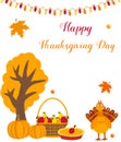 Thanksgiving background with funny turkey, pumpkins and fruits Royalty Free Stock Photo