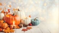 Thanksgiving background. Holiday scene. Wooden table, decorated with pumpkins, autumn leaves and candles Royalty Free Stock Photo