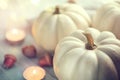 Thanksgiving background. Holiday scene. Wooden table, decorated with pumpkins, autumn leaves