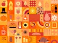 Thanksgiving background. Orange design with autumn symbols. Food and drinks. Autumn party. Fall signs, symbols, icons. Royalty Free Stock Photo