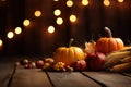 Thanksgiving Background with Pumpkins Apples And Corn On Rustic Harvest Table