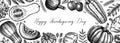 Thanksgiving background. Pumpkins black and white sketches. Autumn plants and fruit drawings. Vector vegetables, butternut squash