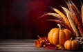 Thanksgiving background with pumpkins, corn cobs, maple leaves and fall berries on dark bokeh lights red background. Royalty Free Stock Photo