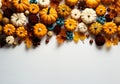 Thanksgiving background with Pumpkins on white background, Fall season with group of orange pumkins with decoration dark white