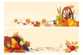 Thanksgiving background with space for text, horizontal banners with autumn grape leaves, pumpkins, fruit and vegetables