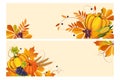 Thanksgiving background with space for text, horizontal banners with autumn leaves, pumpkins, chokeberry vector