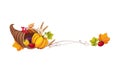 Thanksgiving banner with cornucopia and space for text, autumn vegetables and leaves vector Illustration Royalty Free Stock Photo