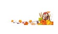 Thanksgiving banner with cornucopia and space for text, autumn vegetables, leaves and wooden wheel vector Illustration Royalty Free Stock Photo