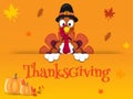 Thanksgiving banner or poster design with illustration of turkey bird wearing pilgrim hat, pumpkins. Royalty Free Stock Photo