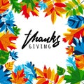 Thanksgiving banners with multicolor autumn leaves and calligraphy lettering.