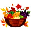 Thanksgiving basket with autumn leaves, pumpkins and berries. Vector illustration. AI generated