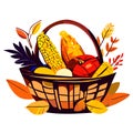 Thanksgiving basket with corn, pumpkin and leaves. Vector illustration. Generative AI
