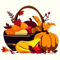 Thanksgiving basket full of pumpkins and autumn leaves. Vector illustration. Generative AI