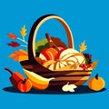 Thanksgiving basket with pumpkins and autumn leaves. Vector illustration. AI generated