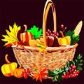 Thanksgiving basket with pumpkins and autumn leaves. Vector illustration. AI generated