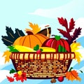 Thanksgiving basket with pumpkins and autumn leaves. Vector illustration. Generative AI