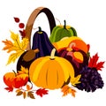 Thanksgiving basket with pumpkins and autumn leaves. Vector illustration. Generative AI