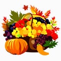 Thanksgiving basket with pumpkins and autumn leaves. Vector illustration. Generative AI