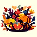 Thanksgiving basket with pumpkins and autumn leaves. Vector illustration. Generative AI