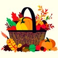 Thanksgiving basket with pumpkins and autumn leaves. Vector illustration. Generative AI