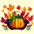 Thanksgiving basket with pumpkins and autumn leaves. Vector illustration. Generative AI