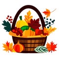 Thanksgiving basket with pumpkins and autumn leaves. Vector illustration. Generative AI