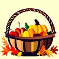 Thanksgiving basket with pumpkins and fall leaves. Vector illustration. generative AI