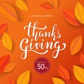 Thanksgiving beautiful handwritten lettering and autumn leaves for season sale banner design. Discount up to 50%. - Vector