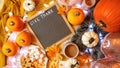 Thanksgiving in bed flatlay overhead with letter board Giving Thanks messsage.