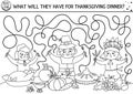 Thanksgiving black and white maze for children. Autumn holiday line printable activity. Fall labyrinth game or coloring page with