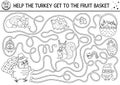 Thanksgiving black and white maze for children. Autumn line holiday preschool printable activity. Fall outline labyrinth game or