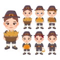 Thanksgiving boys cartoon character with pilgrims costume holding turkey, pie, pumpkin, corns, basket vector Royalty Free Stock Photo