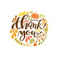 Thanksgiving card design with elegant branch round frame and text, illustration. Lettering design Royalty Free Stock Photo