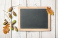 Thanksgiving card with oak leaves, acorns and chalk board