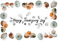 Thanksgiving card. Pumpkins and inscription on a white background