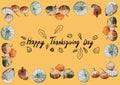 Thanksgiving card. Pumpkins and inscription on a yellow background